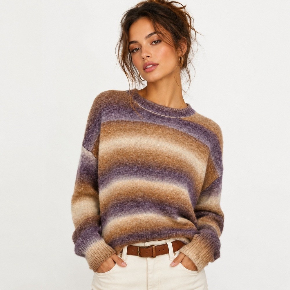 Weekend LA Ravi Crewneck Sweater Dark Lilac Stripe Ombre Knit Womens L NWT